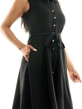 Sharagano Navy Sleeveless Button-Front Tie-Waist Midi Dress